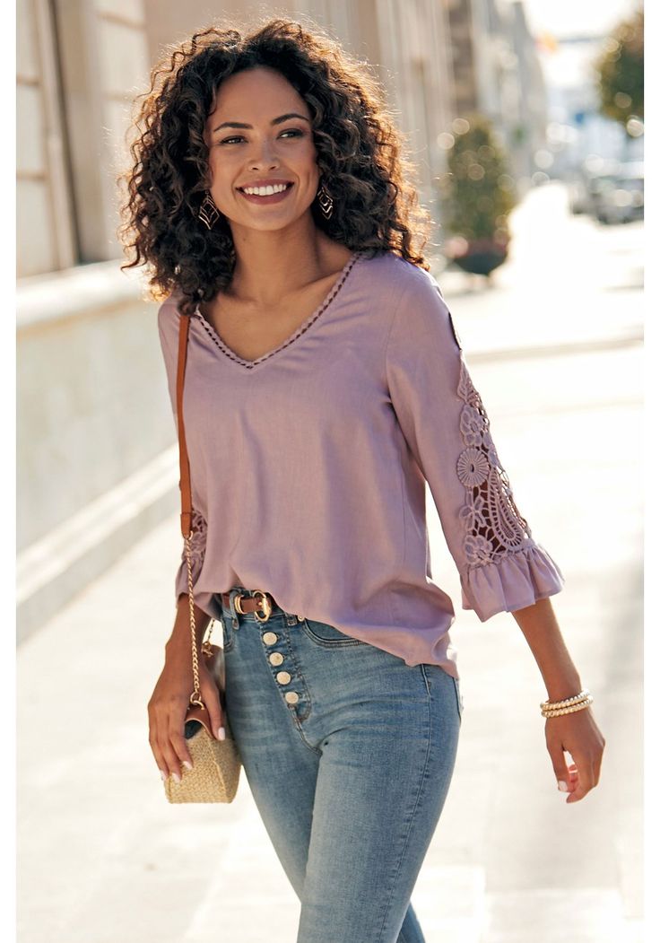 Light Purple Crochet Sleeve Blouse X34599 | LASCANA Chic V-neck Crochet Top For Day Out, Fall Crochet V-neck Top With Crochet Trim, Chic V-neck Crochet Top For Fall, Spring V-neck Blouse With Crochet Lace, Spring Cotton Blouse With Crochet Trim, Feminine V-neck Crochet Top For Spring, Spring V-neck Lace Top Blouse, Spring Lace Top With Lace Trim For Day Out, Summer Crochet Lace Blouse For Day Out