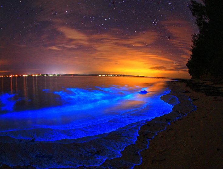 the sky is filled with stars and clouds as it glows blue in the water