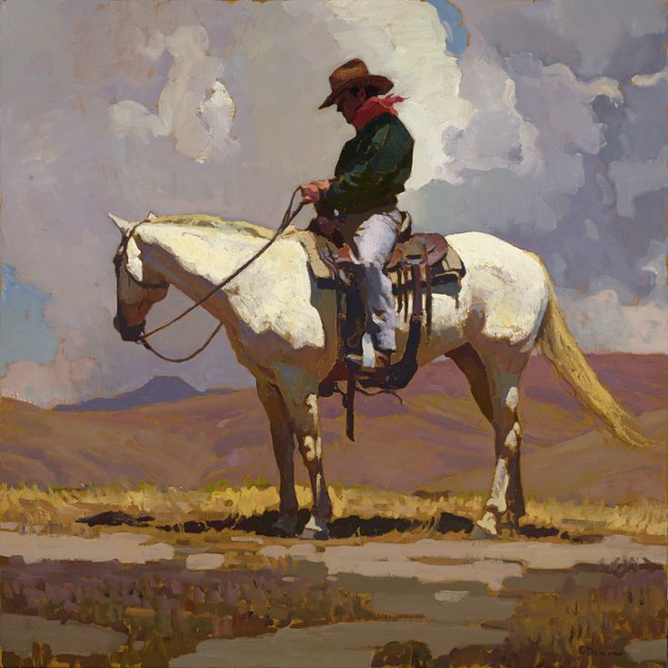 a painting of a man sitting on top of a white horse in the middle of nowhere