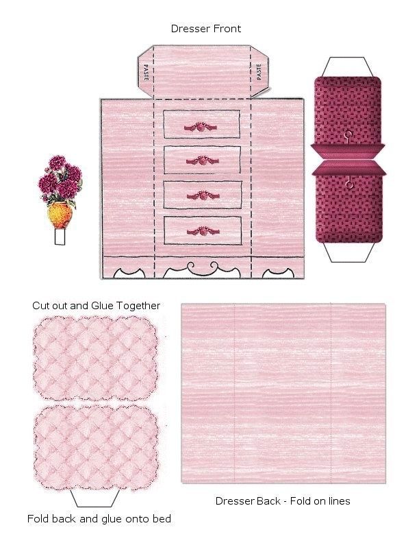 the instructions to make an origami dresser with pink fabric and flowers on it