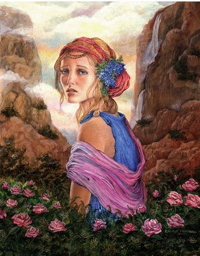 a painting of a woman with pink hair and blue dress in front of some flowers