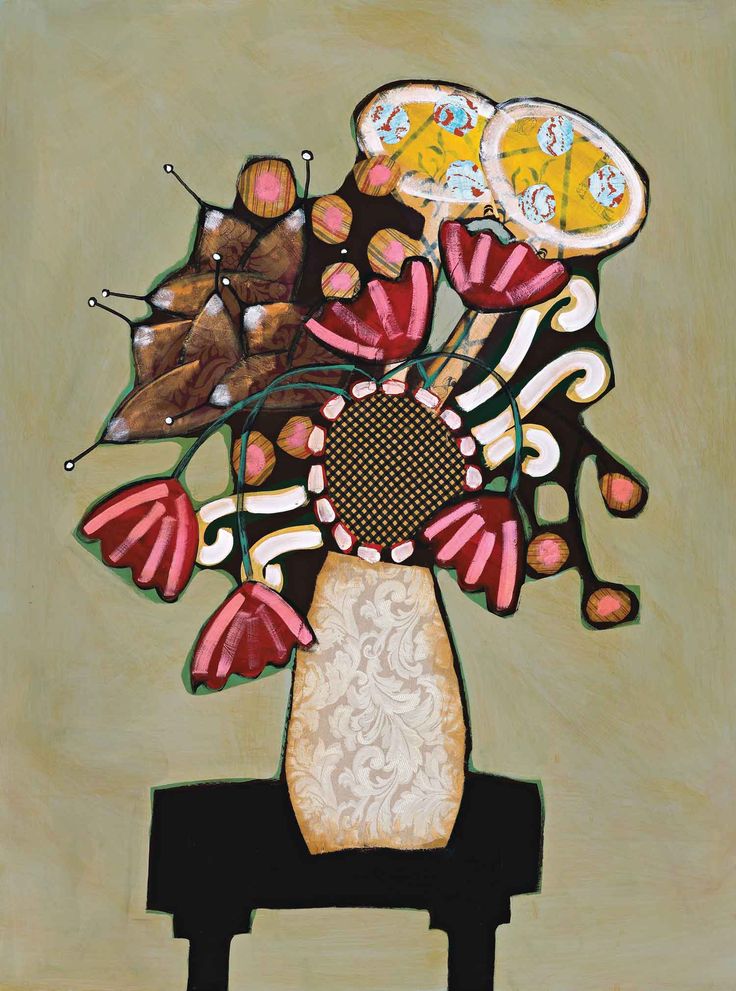 a painting of flowers in a vase on top of a black table with a brown background