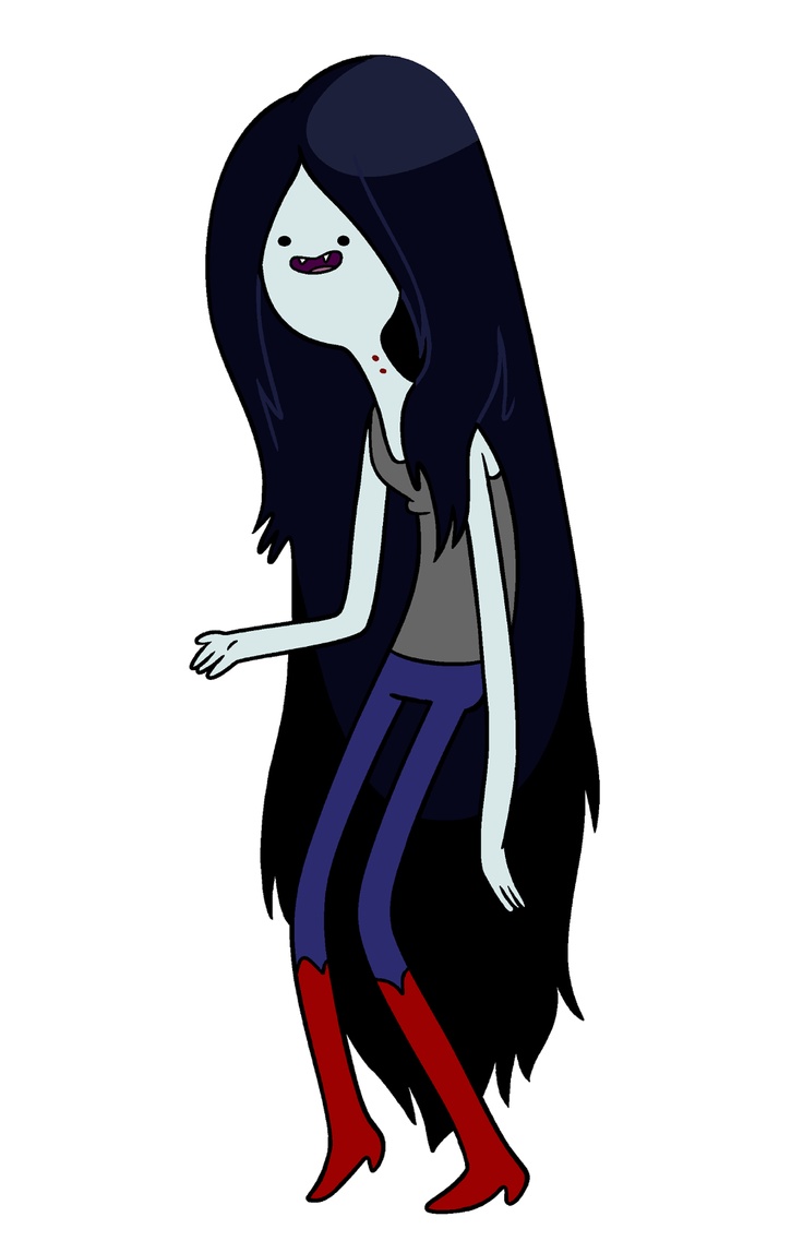 a cartoon girl with long black hair and red boots