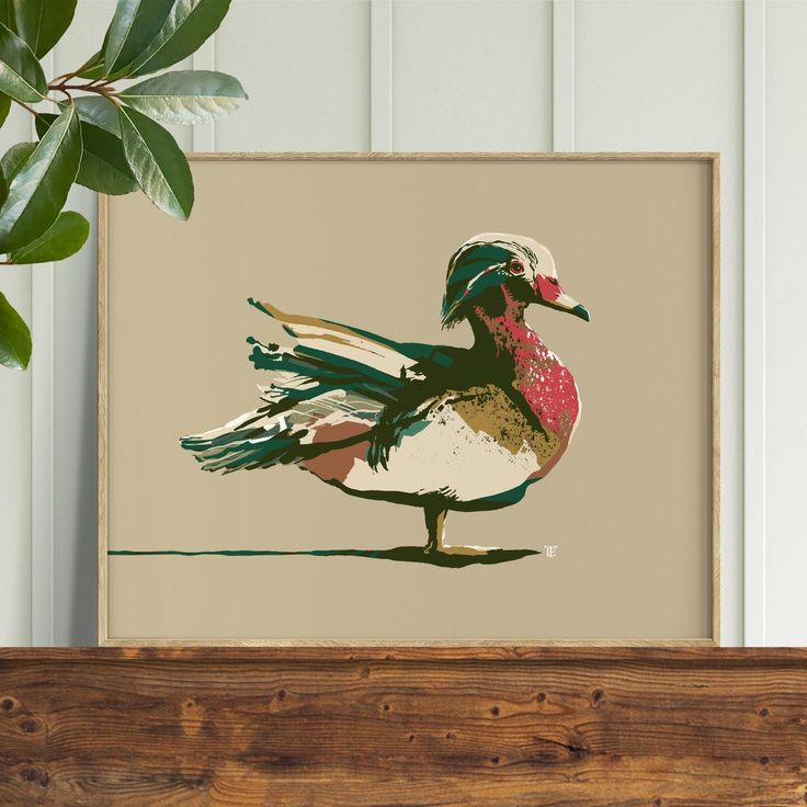 a painting of a duck sitting on top of a wooden shelf next to a potted plant