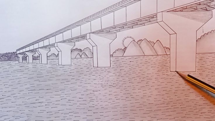 a pencil drawing of a bridge over water