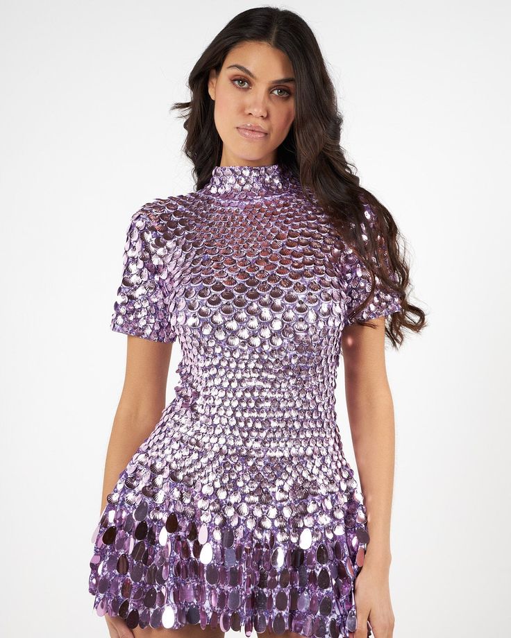 Elevate your party style with the stunning all-over sequins Nala Dress. One size fits most: Size 6 to 12 UK Size 2 to 8 US Size 34 to 40 EUR Size 6 to 12 AUS Skater Skirt Dress, Mini Dress Short Sleeve, Chain Dress, Dress Short Sleeve, Dress Purple, Party Style, Sequin Mini, 80 Dress, Silver Dress