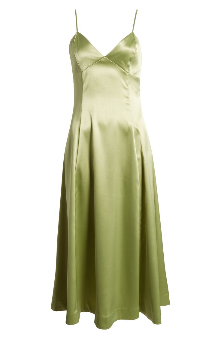 a green dress with spaghetti straps on the neck and back, in satin fabric material