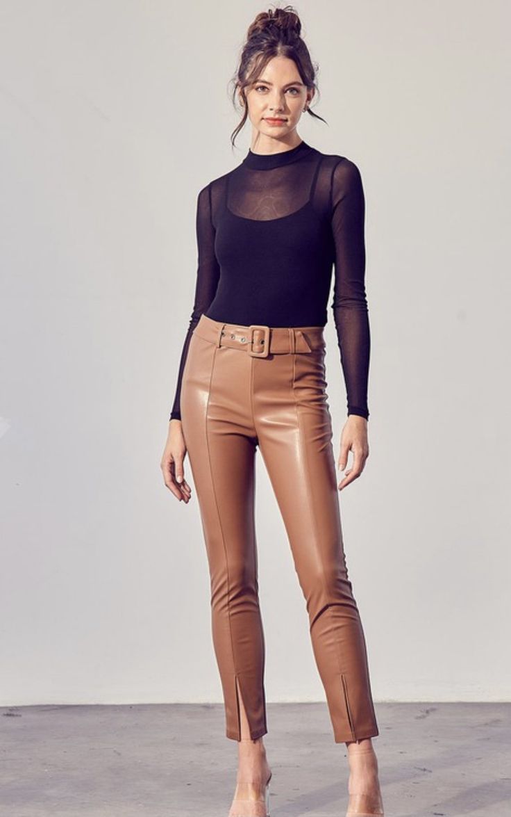 Leather self belted pants with adjustable belt. Slits in front to show still show your favorite pair of heels ! Fashion-forward High-waisted Pants For Fall, Sleek High Waist Leather Pants With Belt Loops, Trendy High Rise Leather Pants For Fall, Trendy High-rise Leather Pants For Fall, Elegant High Rise Bottoms For Fall, Elegant High-rise Bottoms For Fall, Sleek High Rise Pants For Fall, Sleek High-rise Fall Pants, Chic Faux Leather Straight Leg Bottoms