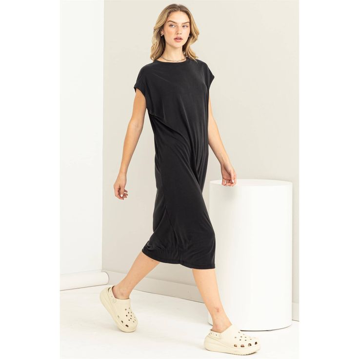 Lightly oversized body for your perfect cute lazy day look. Every wardrobe needs this midi dress. Casual Solid Color T-shirt Dress For Loungewear, Casual Black T-shirt Dress For Loungewear, Casual Longline Midi Dress For Summer, Casual Solid Longline Midi Dress, Casual Solid Color Longline Midi Dress, Casual Longline Solid Color Midi Dress, Casual Longline Midi Dress For Day Out, Relaxed Fit Midi T-shirt Dress For Spring, Spring Knee-length T-shirt Dress For Loungewear