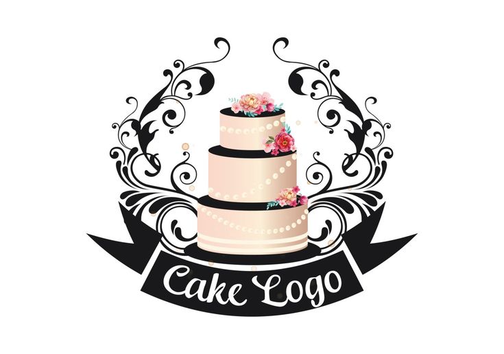 a cake logo with flowers on top and ribbon around the bottom, in black and white