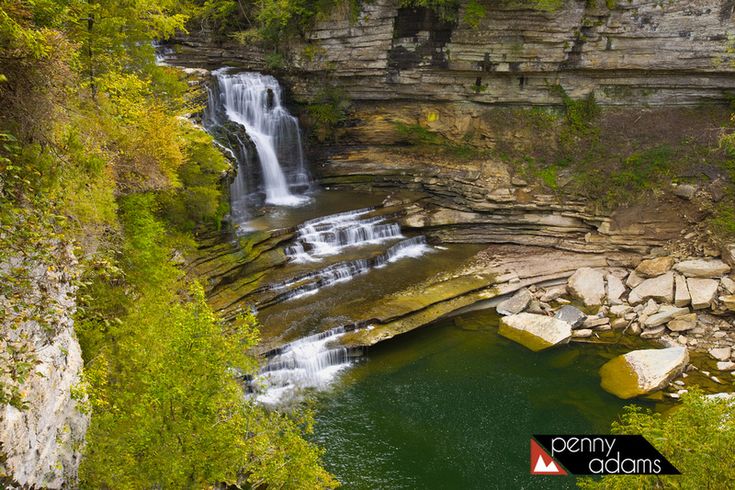 the waterfall is surrounded by trees and rocks