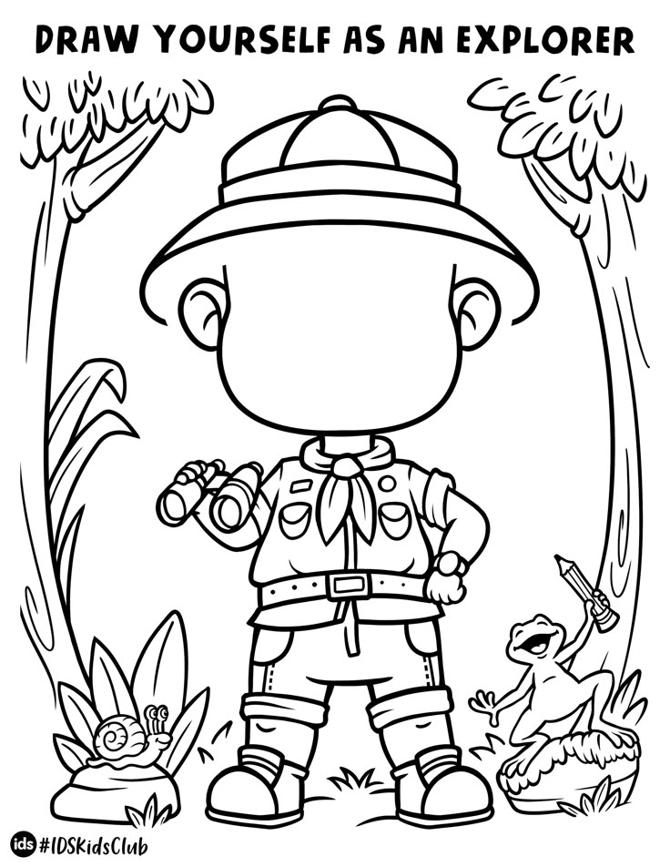 a coloring page with an image of a fireman in the woods and text that reads, draw yourself as an explorer