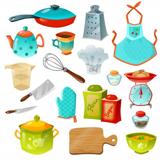 a collection of kitchen utensils and cookware are shown in this image illustration