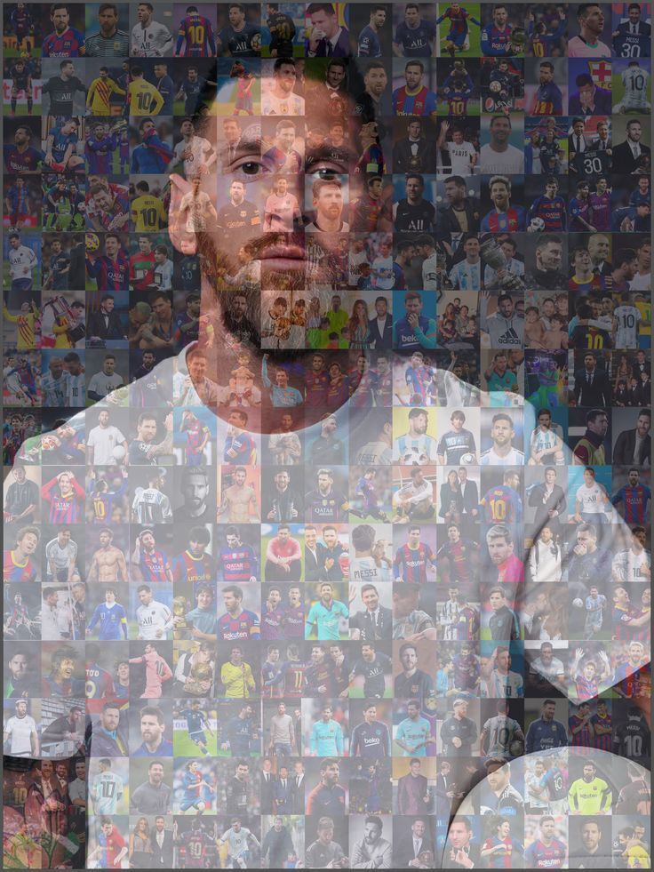 a man is surrounded by many photos and has his face made out of people's faces