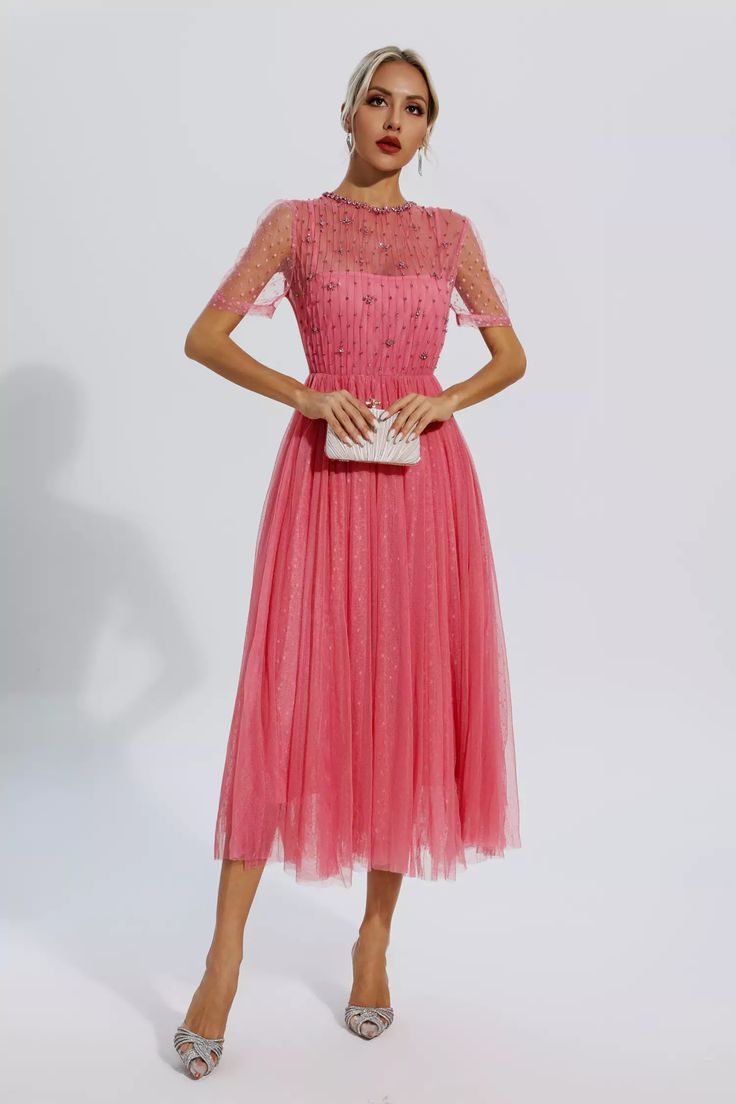 Elegant Pink Tulle Midi Dress, Feminine Evening Dresses With Sheer Sleeves, Summer Embellished Tulle Dresses, Pink Tulle Midi Dress For Cocktail, Elegant Pink Mesh Evening Dress, Pink Evening Dresses With Sheer Sleeves, Feminine Tulle Midi Evening Dress, Feminine Tulle Midi Dress For Evening, Feminine Spring Evening Dress With Sheer Bodice