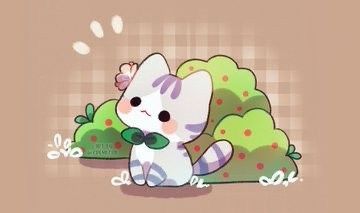 a cute little cat sitting in front of some bushes and trees with a butterfly on it's tail