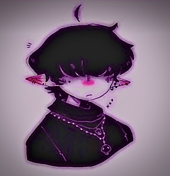 a drawing of a girl with black hair and pink eyes, wearing a dark outfit