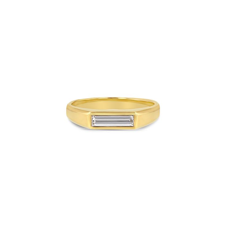 A solid 14K gold signet ring featuring a baguette diamond. Baguette measures approx. 7mm-9mm. Signet Engagement Rings, 14k Gold Signet Ring, Sapphire Engagement Ring Halo, Big Engagement Rings, Baguette Engagement Ring, Diamond Signet Ring, Diamond Baguette, Trending Engagement Rings, Baguette Diamond Rings