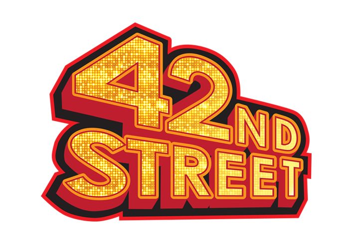 the 42nd street logo is shown in red and yellow with orange letters on it