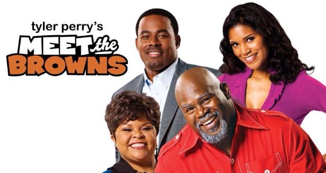 tyler perry's meet the browns poster with two women and an older man smiling