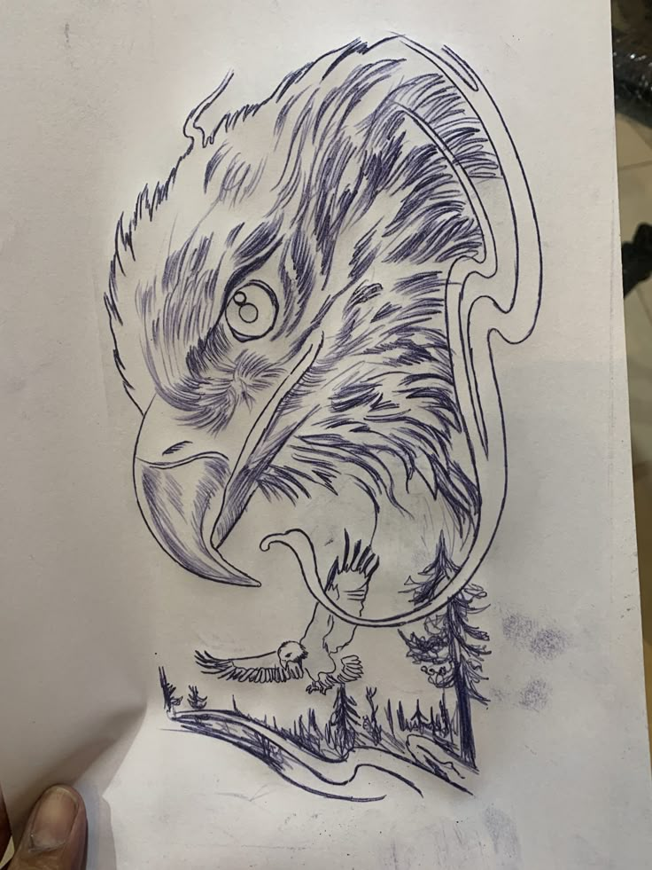 a drawing of an eagle with the head of a bird in it's beak