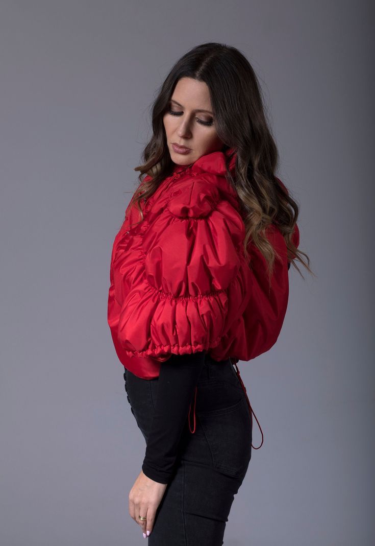 "Red Vest, Puffer Jacket, Women Jacket Stay warm and stylish in this cropped puffer women's vest with short sleeves. Choose your lucky color and elevate your spring style with this extravagant oversized red jacket! This red puffer coat has a high neck and padding, which will secure comfort during chilly days. - oversized look - custom size plus size available at NO EXTRA CHARGE - just convo me or write your measurements at checkout 🌀 Materials & Care 100% Polyester; Padding Hand washes insi Winter Nylon Cropped Jacket With Long Sleeves, Spring Puffer Windbreaker With Long Sleeves, Spring Long Sleeve Puffer Windbreaker, Long Sleeve Nylon Winter Top, Long Sleeve Nylon Top For Winter, Hooded Nylon Top For Winter, Hooded Nylon Tops For Winter, Winter Hooded Nylon Tops, Puffer Jacket Plus Size