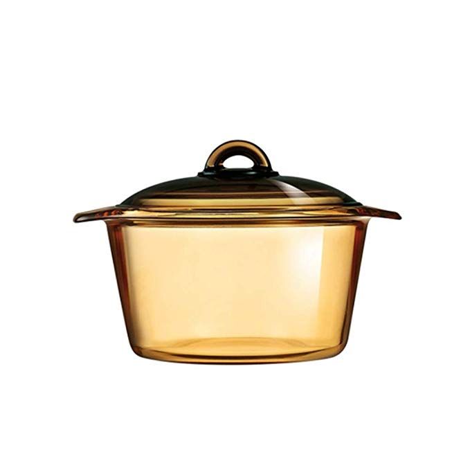 a glass casserole with a brown lid