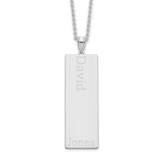 Show your family names in style with this striking family pendant fashioned from rhodium-plated sterling silver. This pendant may be customized with 6 first names and 1 last name (up to 9 characters each) in Batang font. Polished finish for perfect shine this fabulous pendant dangles from 18-inch cable chain with lobster clasp security. Up to 6 first names can be given, to be engraved top to bottom left justified, then top to bottom in second column. Last name given last (in order) and to be cited across bottom of pendant. Silver Necklace With Engraved Rectangular Pendant, Silver Sterling Name Necklace With Engraving Option, Sterling Silver Pendant Name Necklace With Engraving, Sterling Silver Name Necklace With Engraving Option, Engraved White Gold Necklace For Father's Day, Silver Name Necklace For Keepsake, Engraved White Gold Necklace, Silver Necklace With Name On Rectangular Pendant, Silver Rectangular Pendant Jewelry With Name