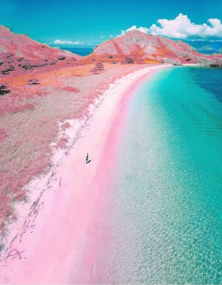 an aerial view of the pink sand beach in komo island