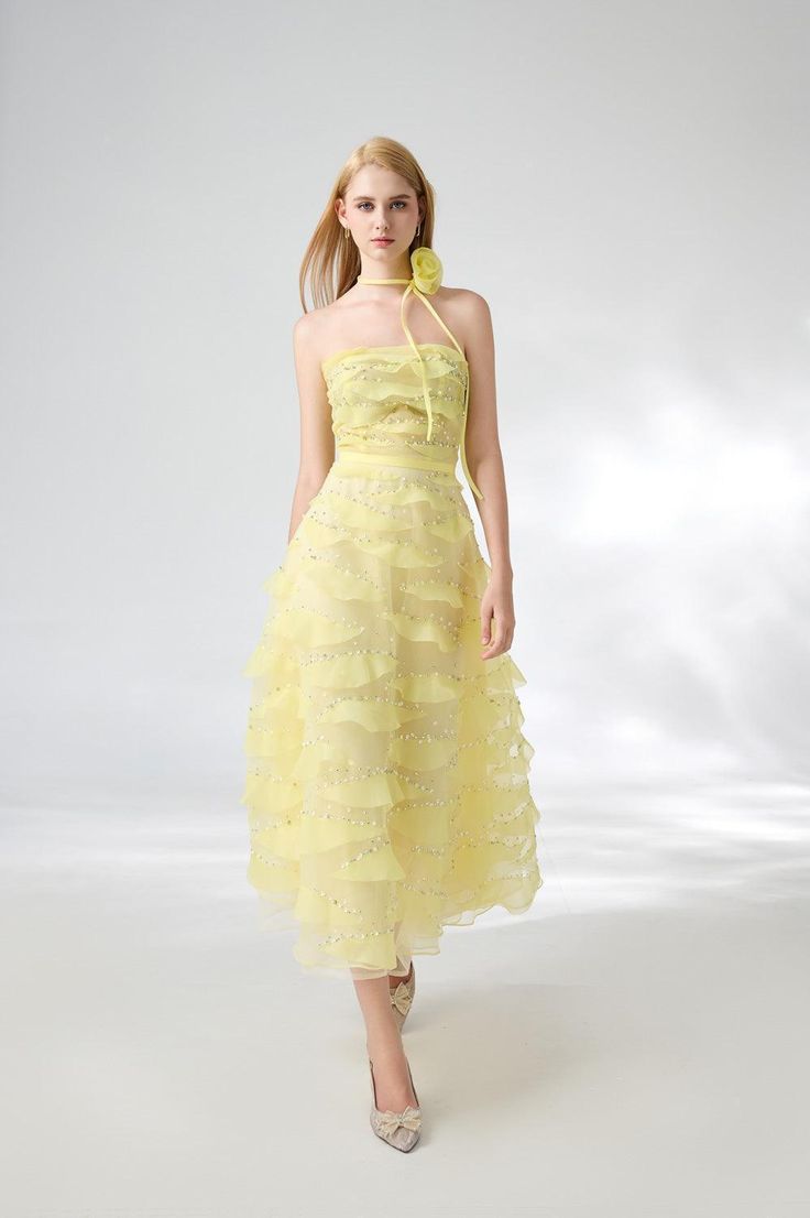 Fatima Fit and Flare Straight Across Neck Organza Midi Dress - MEAN BLVD Organza Midi Dress, Straight Across Neckline, Happy Clothes, Mean Blvd, Organza Fabric, L And Light, Light Yellow, Xl Dress, Dresses Xs