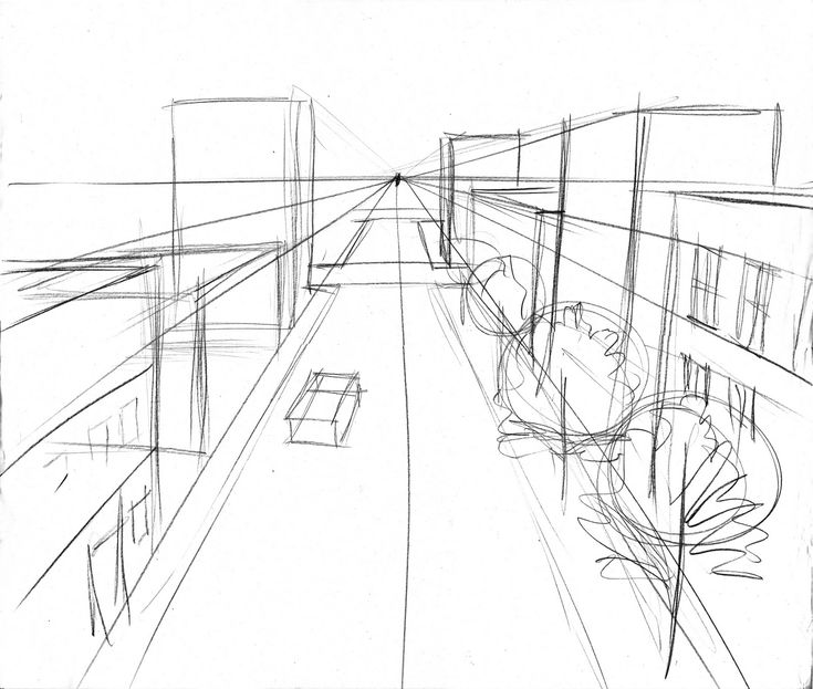 a drawing of an empty hallway with trees and buildings in the background, drawn by hand