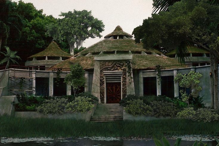 an artistic rendering of a house with thatched roof and steps leading up to the front door