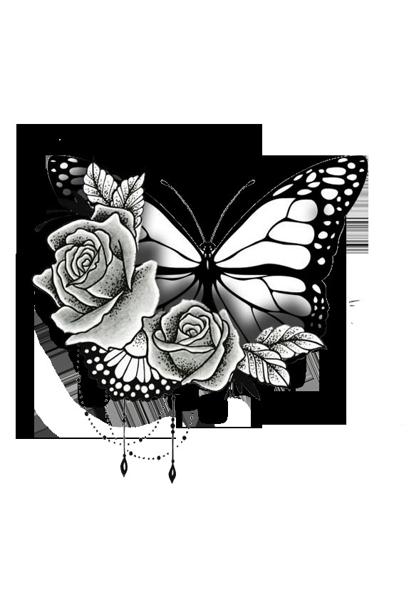 a black and white drawing of a butterfly with roses