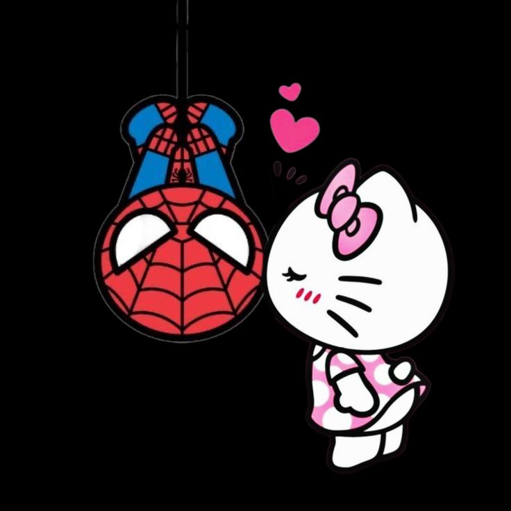 hello kitty and spider - man hanging from a string on a black background with hearts