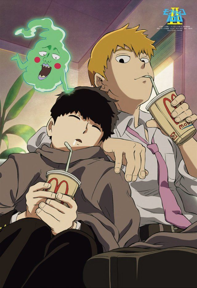 two anime characters sitting next to each other with drinks in their hands and one holding a drink