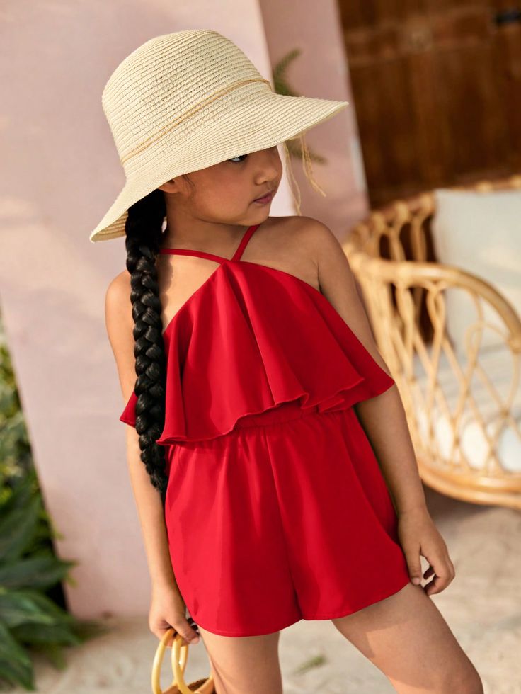 SHEIN Young Girls Solid Color Casual Romper With Ruffled Hem And Halter NeckI discovered amazing products on SHEIN.com, come check them out! Girls Boots Outfit, Sumner Outfits, Baby Birthday Photoshoot, Shein Kids, Fair Outfits, Summer Outfits Kids, Shein Outfits, Baby Frocks Designs