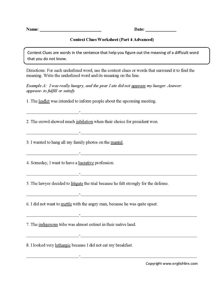 Context Clues Worksheets Advanced Part 4 | Englishlinx.com Board