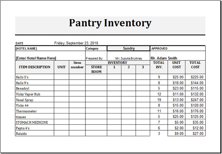 a printable inventory sheet for an apartment