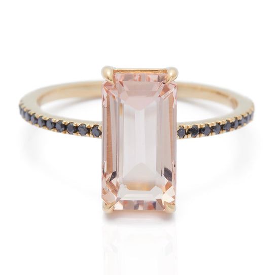 Morganite & Black Diamond Ring - YI COLLECTION Pink Morganite Diamond Ring, Elegant Style, Elegant Morganite Rings With Baguette Cut, Elegant Pink Morganite Diamond Ring, Pink Morganite Emerald-cut Jewelry, Pink Morganite Emerald Cut Jewelry, Elegant Morganite Radiant Cut Rings, Pink Morganite Jewelry With Emerald Cut, Pink Gold Morganite Ring With Gemstone, Elegant Radiant Cut Morganite Rings