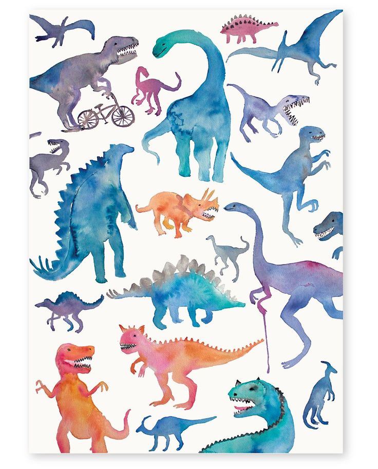 watercolor dinosaurs on white paper with blue and pink colors, all in different sizes