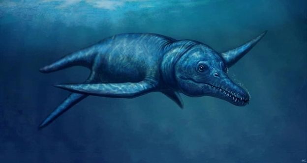 an artist's rendering of a blue dinosaur swimming in the ocean with its mouth open