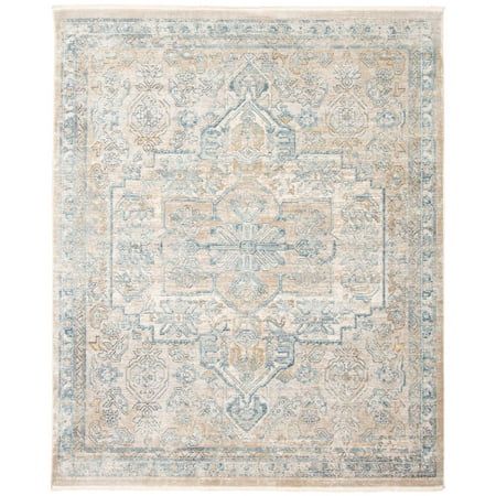 an area rug with blue and beige colors on the floor, in front of a white background