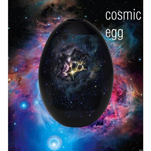 an egg shaped object in the middle of space with words cosmic egg on it's side