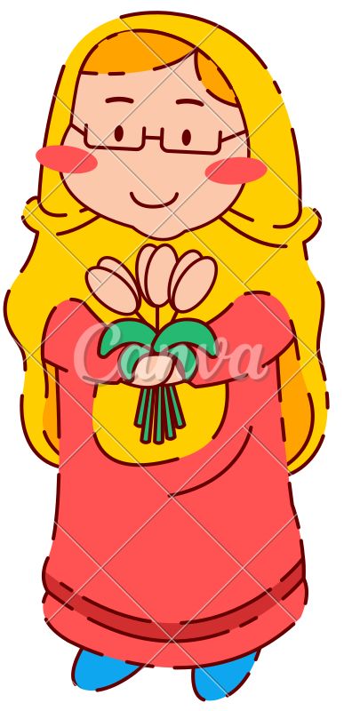 a cartoon girl with glasses holding a flower in her hands and looking at the camera