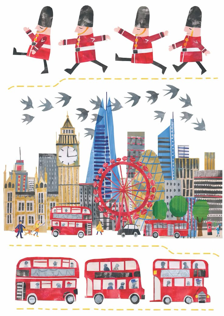 the london skyline is depicted with red double decker buses and birds flying over it, as well as an image of a ferris wheel