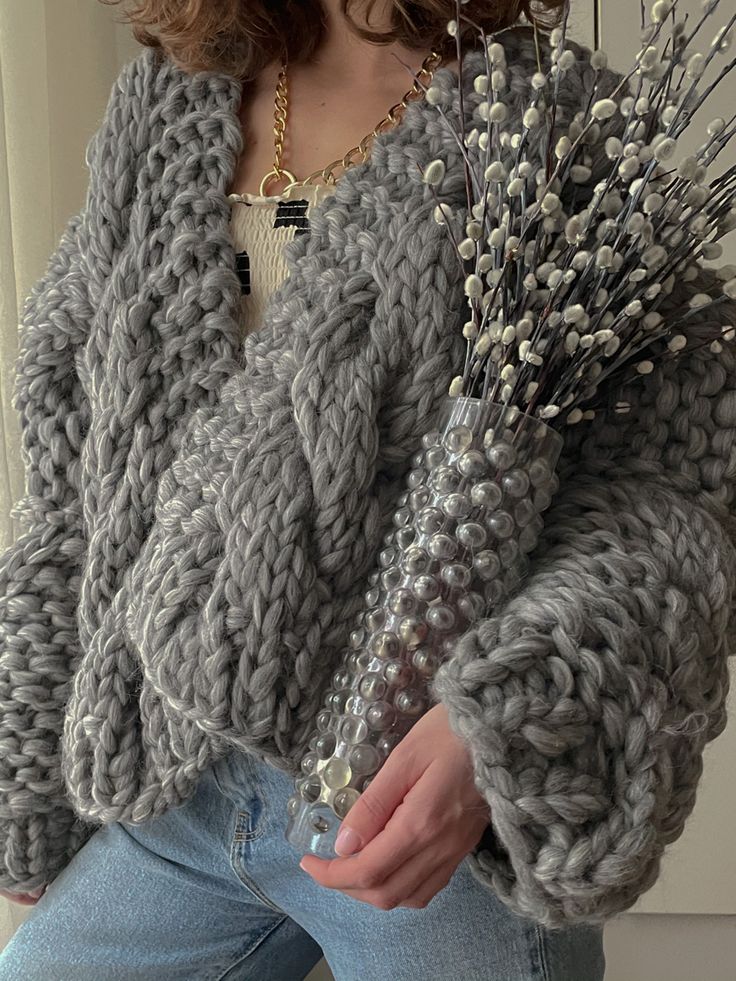 Oversized Bohemian Knitted Cardigan, Bohemian One-size Chunky Knit Sweater, Bohemian One Size Chunky Knit Sweater, Gray Chunky Knit Cardigan For Cold Weather, Gray Chunky Knit Pattern For Fall, Oversized Bohemian Chunky Knit Sweater, Handmade Cozy Sweater Coat For Fall, Cozy Handmade Sweater Coat For Fall, Oversized Bohemian Winter Sweater