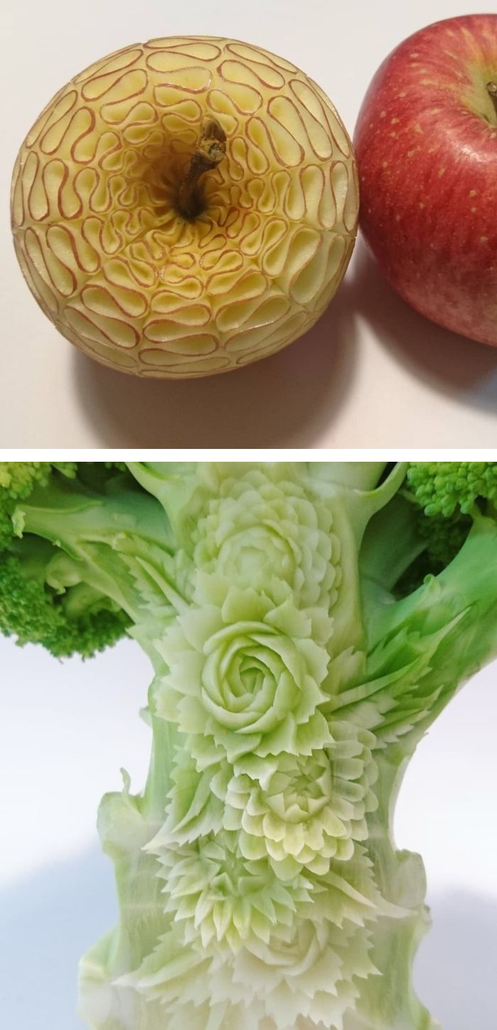 an apple and broccoli are shown in two different pictures, one is green