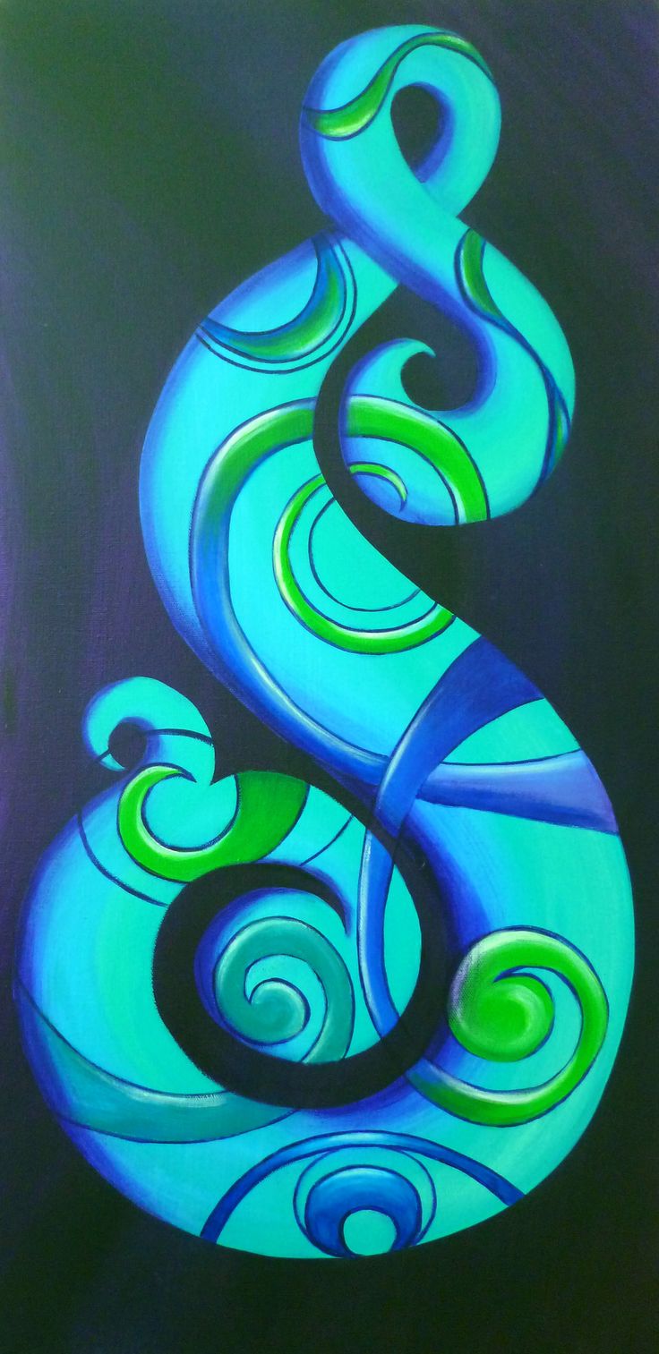 an acrylic painting of a blue and green swirly design on a black background