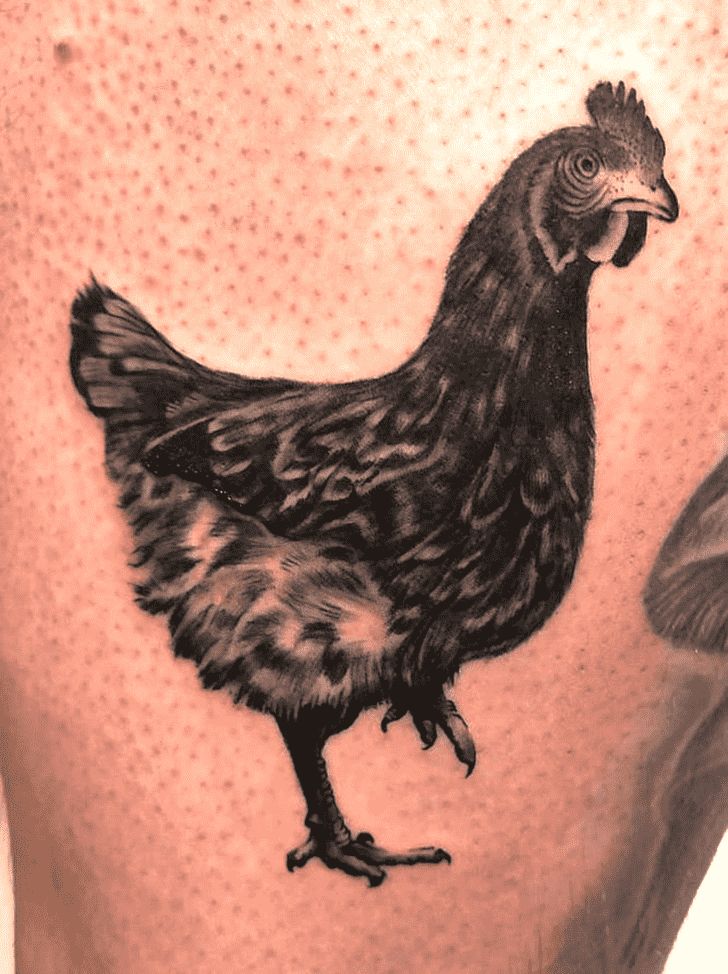 a black and white photo of a chicken on the leg