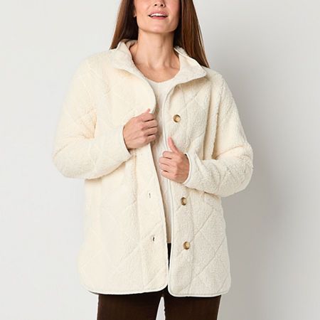 This midweight women's jacket by St John's Bay feels so comfortable and gentle against your skin. It has a collar neckline, long sleeves, and a button front. The front slip pockets are a lovely touch to the piece. Layer under tops and tees.Included: 1 Jacket(s)Closure Type: ButtonFit: Regular FitNeckline: Collar NeckPockets: 2 Front Slip PocketsSleeve Length: Long SleeveWarmth Factor: MidweightApparel Length: 31 Inches - FrontOuterwear Length: MidFiber Content: 100% PolyesterFabric Description: White Cotton Casual Fleece Jacket, Cream Fleece-lined Outerwear For Fall, White Fleece-lined Outerwear For Spring, White Long Sleeve Quilted Jacket With Pockets, Beige Fleece-lined Outerwear, Button Down Jacket, Cream Jacket, Womens Quilted Jacket, Fleece Jackets